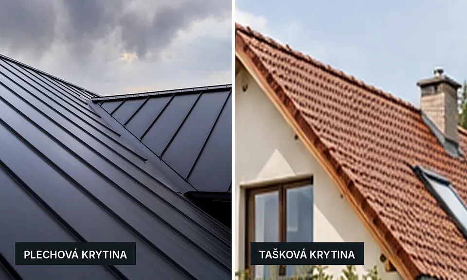 Srovnání plechové krytiny a taškové krytiny vedle sebe